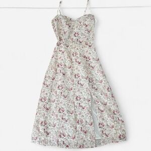 Chelsea28 Floral Eyelet Midi Dress Pink White Smocked Slit NWT